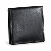 MARZAVEL black leather bifold wallet, closed three-quarter view with stitched edges on white background