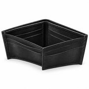 Black bifold leather wallet opened at an angle, showing card slots and slim folded construction
