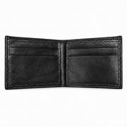 MARZAVEL black bifold wallet opened flat, with stitched interior panels and card compartments