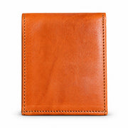 Cognac leather bifold wallet front view, smooth grain finish and neat stitched edges
