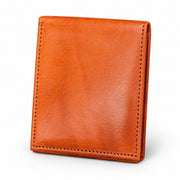 MARZAVEL cognac leather bifold wallet for everyday carry, three-quarter closed product view on white