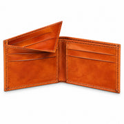 Cognac leather bifold wallet open to show inner card slots and stitched pocket panels