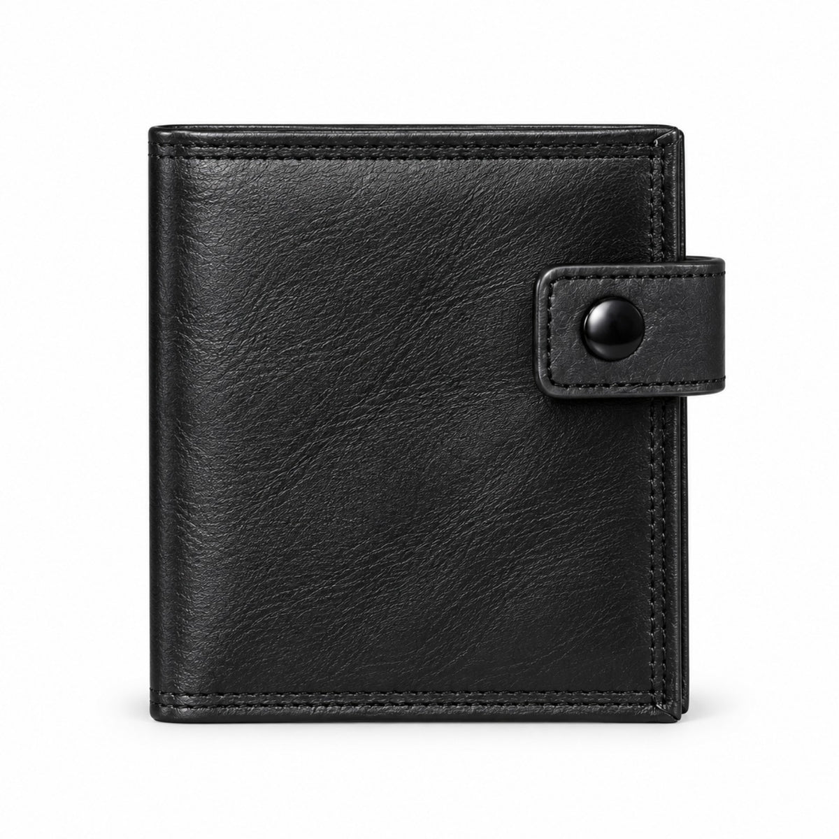 MARZAVEL black snap-closure leather bifold wallet, closed front view with press-stud tab
