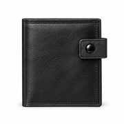 MARZAVEL black snap-closure leather bifold wallet, closed front view with press-stud tab