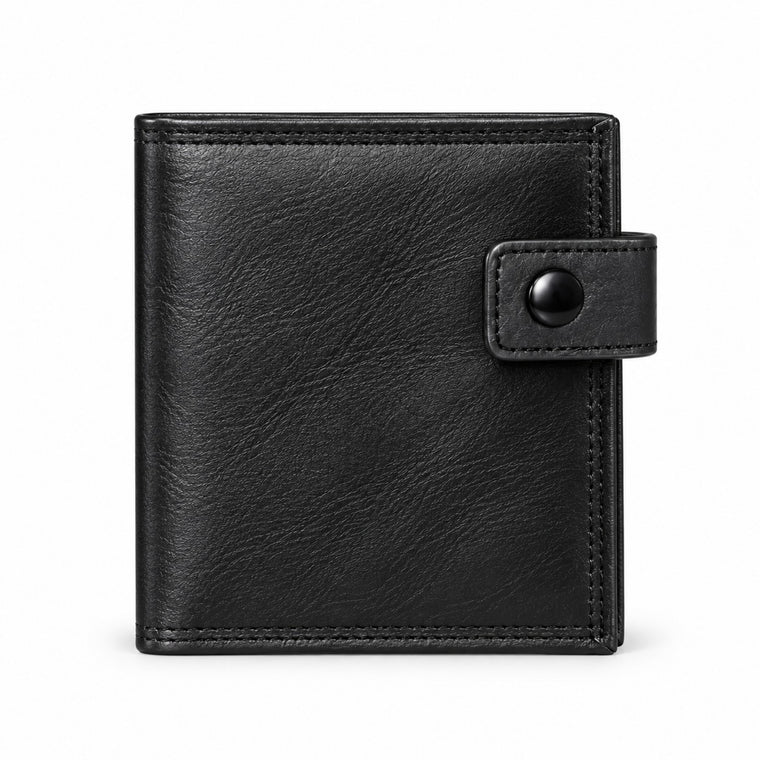 MARZAVEL black snap-closure leather bifold wallet, closed front view with press-stud tab