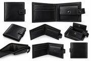 Black snap-tab bifold wallet pictured from multiple angles showing coin pouch, card slots and closure