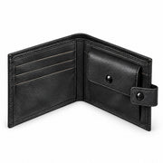 Black leather bifold wallet for cards and coins, open angled view with snap-fastened coin pouch