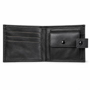 Black leather bifold wallet opened flat, showing coin pocket flap and outer snap closure