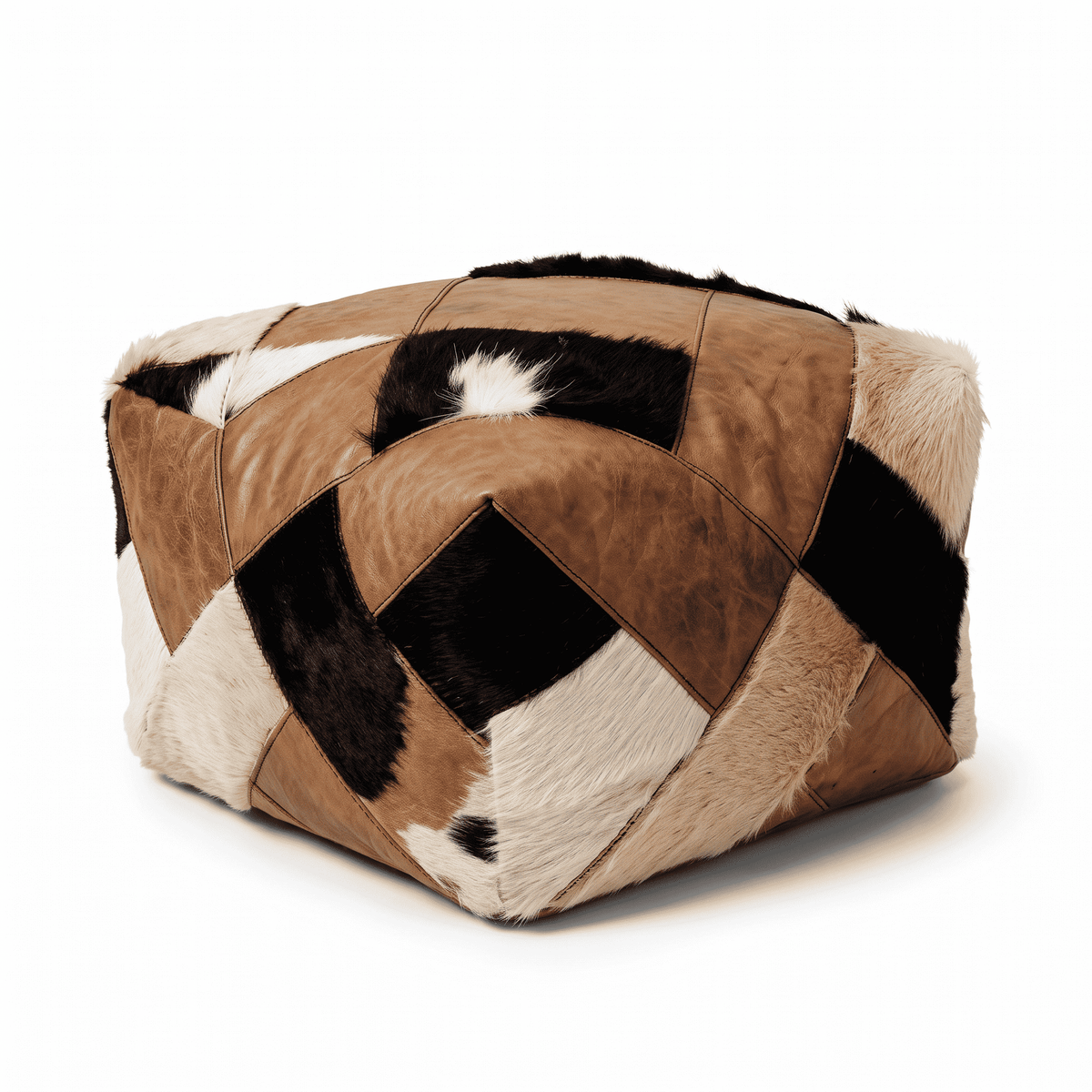 Brown and ivory patchwork square Moroccan leather pouf against a white background