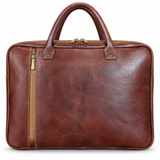MARZAVEL brown slim leather briefcase for documents, front studio view with twin carry handles