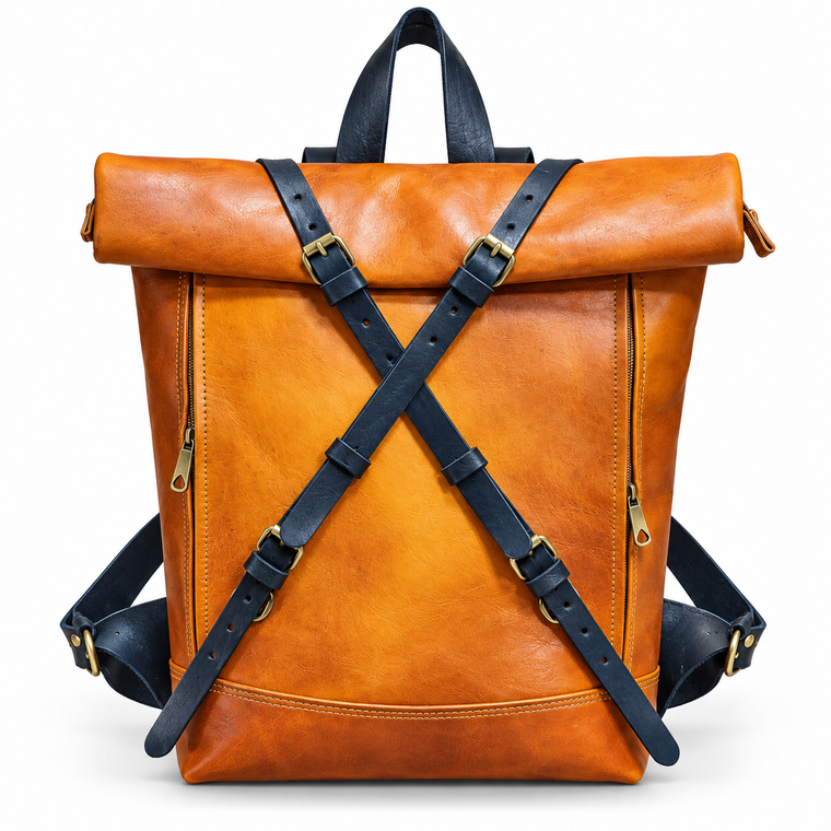 MARZAVEL cognac leather roll-top backpack with black cross-over straps, front studio product view