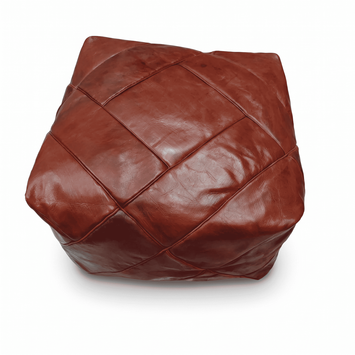 Cognac square Moroccan leather pouf with diamond stitching against white