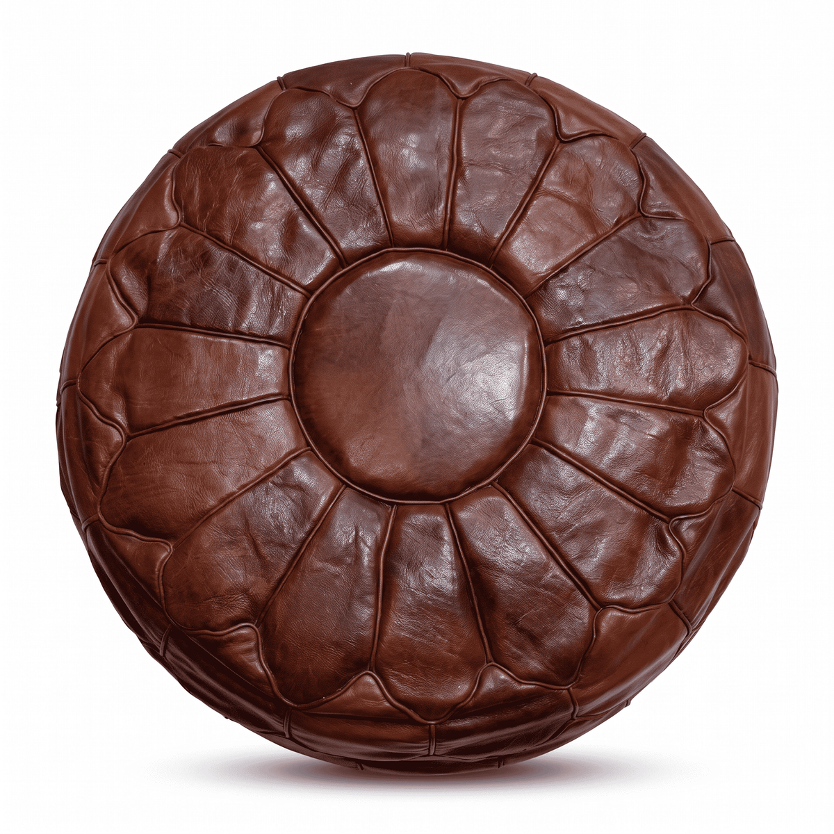 Dark cognac Moroccan round leather pouf with radiating petal stitching against a white background