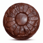 Dark cognac Moroccan round leather pouf with radiating petal stitching against a white background