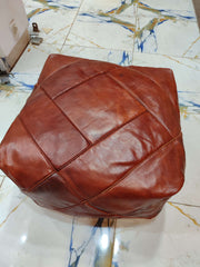 MARZAVEL Cognac Diamond-Stitched Square Leather Pouf – 50 cm